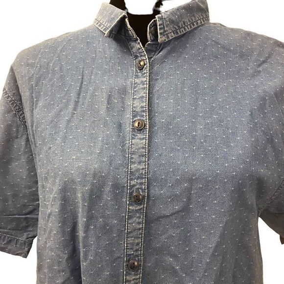 Madewell Medium Denim Swiss Dot Short Sleeve Button Down Top Size Small - Picture 2 of 13